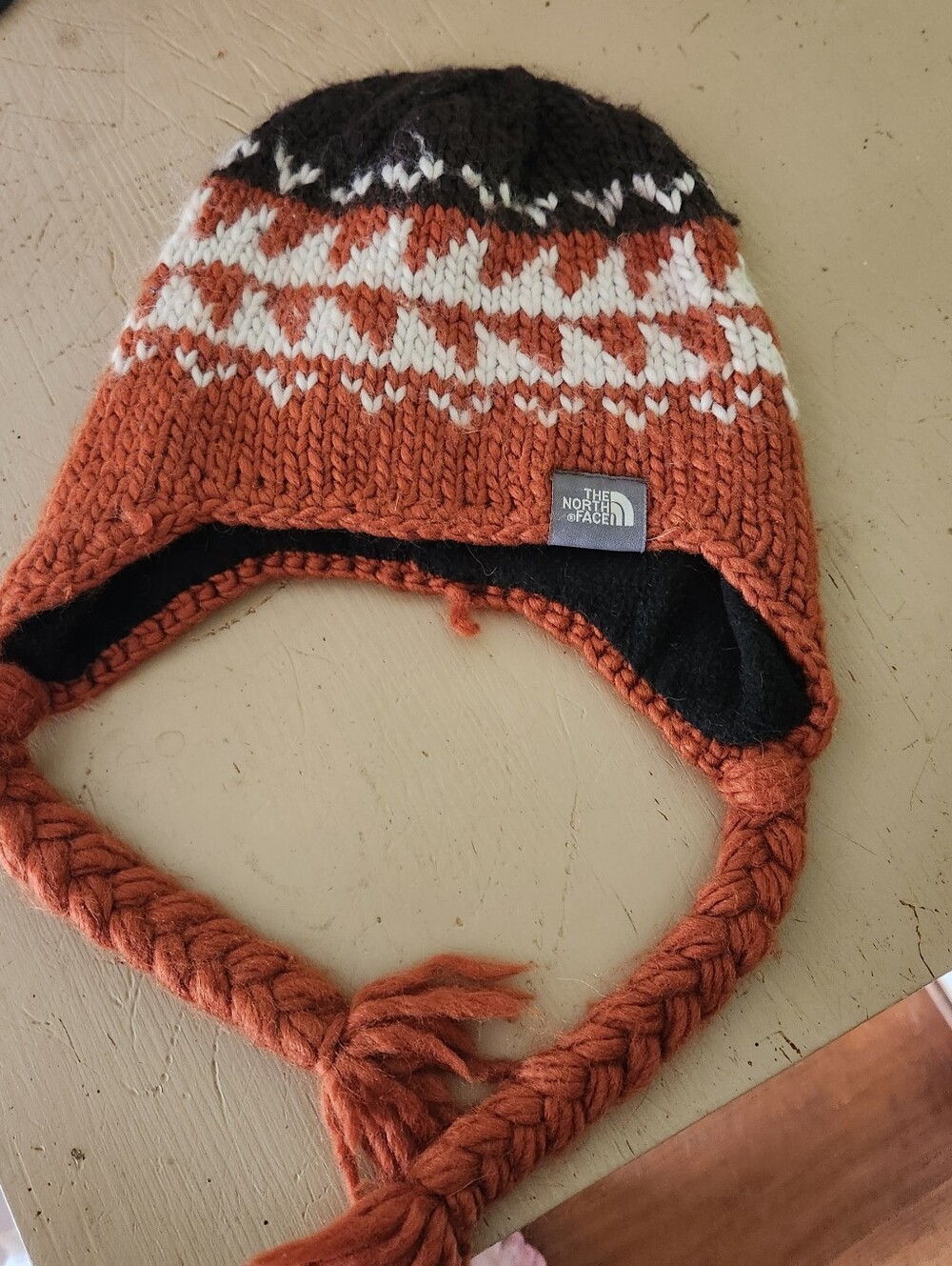 The North Face Kids Burnt Orange, White & Dark Brown Knit Earflap Hat